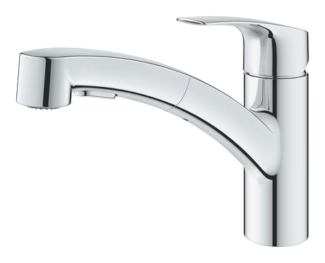 Kromirana jednoručna baterija stojeća miješalica za sudoper Grohe Eurosmart s izvlačivim tušem i s dva mlaza.