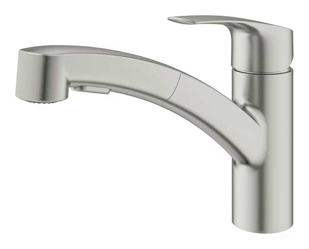 Jednoručna Baterija stojeća miješalica za sudoper Grohe Eurosmart New u izvedbi supersteel s okretnim izljevom.