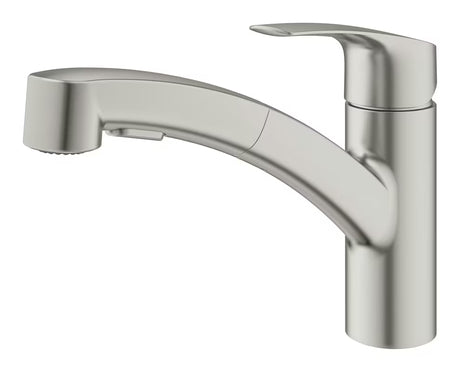 Jednoručna Baterija stojeća miješalica za sudoper Grohe Eurosmart New u izvedbi supersteel s okretnim izljevom.