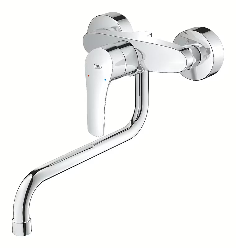 Kromirana zidna miješalica za sudoper Grohe Eurosmart New s ručicom i zakretnim izljevom.