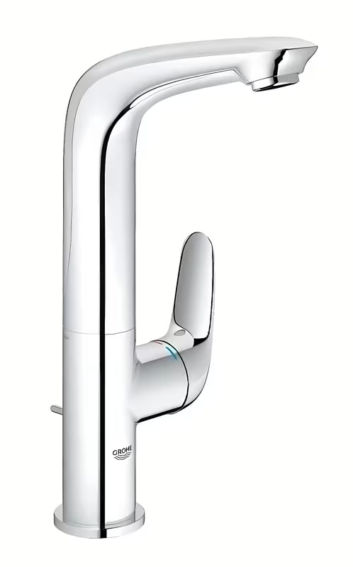 Visoka jednoručna baterija miješalica za umivaonik Grohe Eurostyle New u krom izvedbi sa zakretnim izljevom i odvodnim setom.