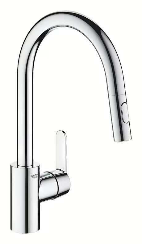 Kromirana miješalica za sudoper Grohe Get s ručicom i izvlačnim tušem s dva načina mlaza.