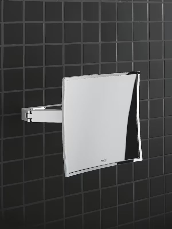 Kozmetičko ogledalo Grohe Selection Cube u krom izvedbi s 3× povećanjem i zidnom montažom sa skrivenim pričvršćenjem.