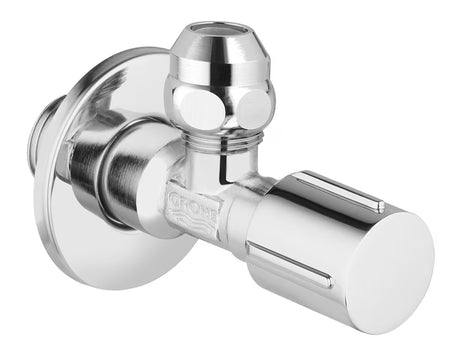 Kutni ventil Grohe u izvedbi chrome s metalnom rozetom i ergonomskom metalnom ručkom.