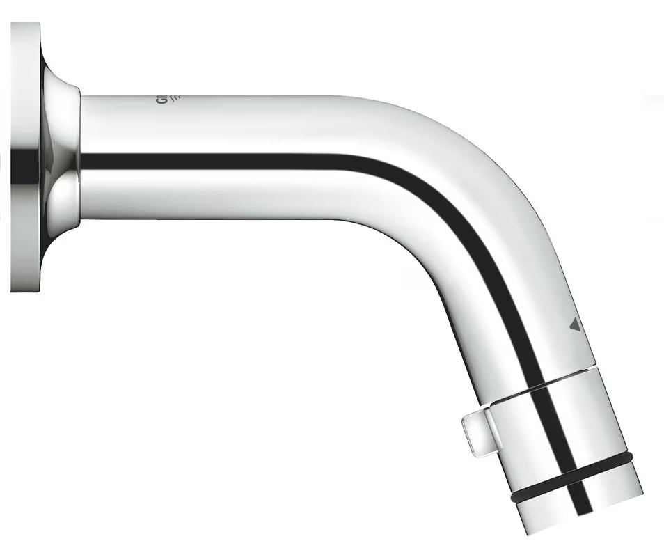 Kromirani zidni ventil za umivaonik Grohe Universal s kratkim izljevom i okretnim upravljanjem start stop.