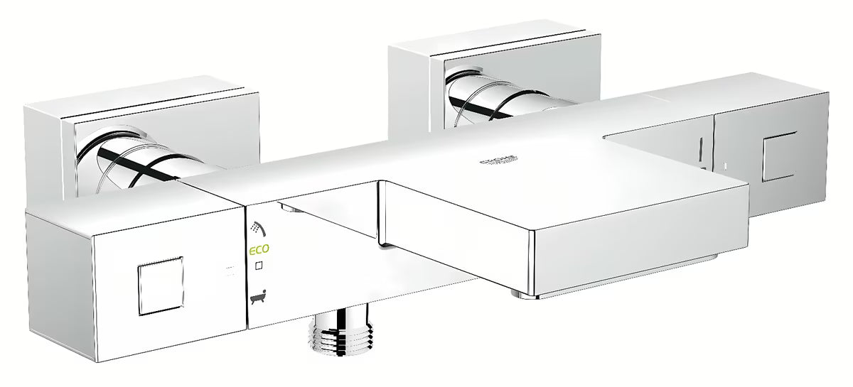 Kromirana termostatska miješalica za kadu Grohe Grohtherm Cube s XL izljevom GROHE XL Waterfall pro za kadu i tuš.