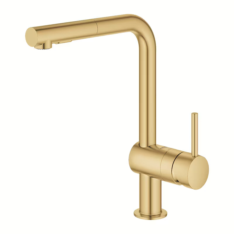 Grohe Minta jednoručna baterija miješalica za sudoper sa zakretnim izljevom i izvlačnim dvostrukim tušem u cool sunrise brushed.