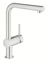 Miješalica za Sudoper Grohe Minta u izvedbi supersteel sa zakretnim L-izljevom i izvlačnim tušem.
