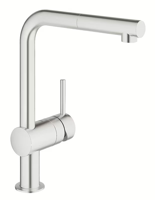 Miješalica za Sudoper Grohe Minta u izvedbi supersteel sa zakretnim L-izljevom i izvlačnim tušem.