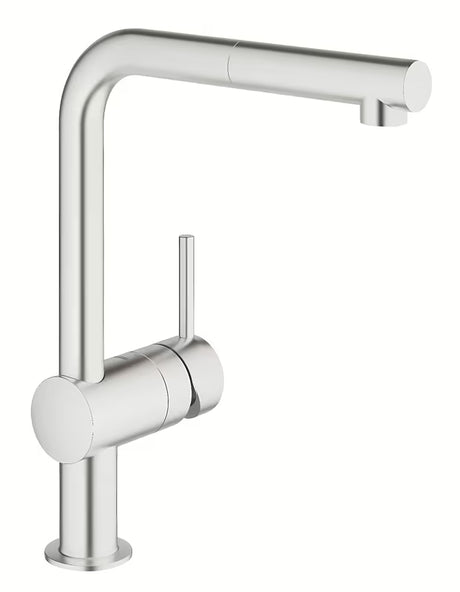 Miješalica za Sudoper Grohe Minta u izvedbi supersteel sa zakretnim L-izljevom i izvlačnim tušem.