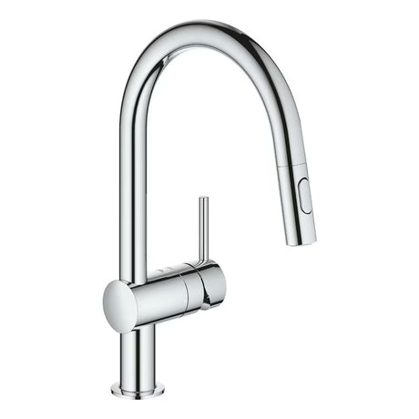 Kromirana miješalica za sudoper Grohe Minta s visokim zakretnim izljevom i izvlačnim tušem