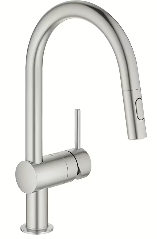 Miješalica za Sudoper Grohe Minta u izvedbi supersteel s visokim zakretnim izljevom i izvlačnim tušem