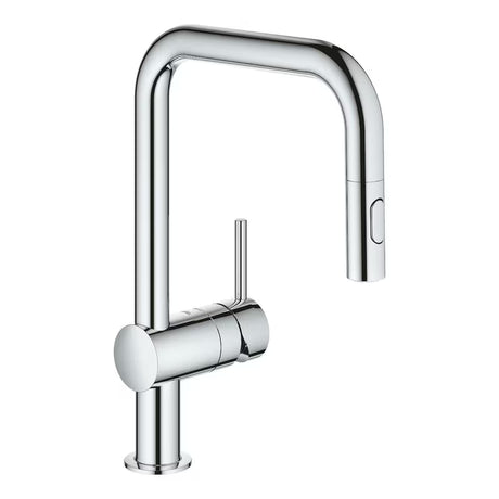 Kromirana miješalica za sudoper Grohe Minta s visokim zakretnim izljevom i izvlačnim tušem