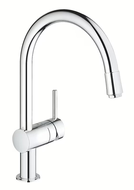 Kromirana miješalica za sudoper Grohe Minta s visokim C izljevom, zakretanjem 360° i izvlačnim tušem