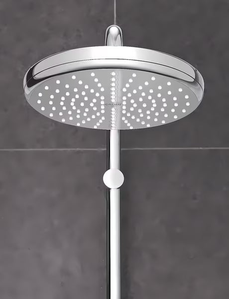 Kromirana nadglavni tuš Grohe New Tempesta 210 s mlazom Rain i tehnologijama DreamSpray i SpeedClean.