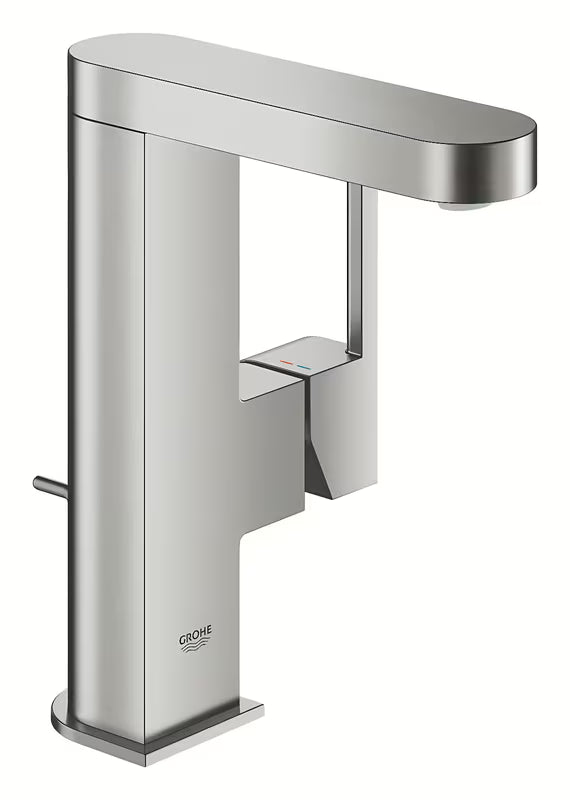 Umivaonička jednoručna baterija slavina Grohe Plus u izvedbi supersteel sa zakretnim izljevom i odvodnom garniturom.