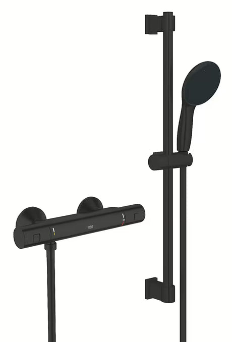 Termostatska miješalica za tuš Grohe Precision Start u mat crnoj boji s tuš šipkom, ručnim tušem i crijevom