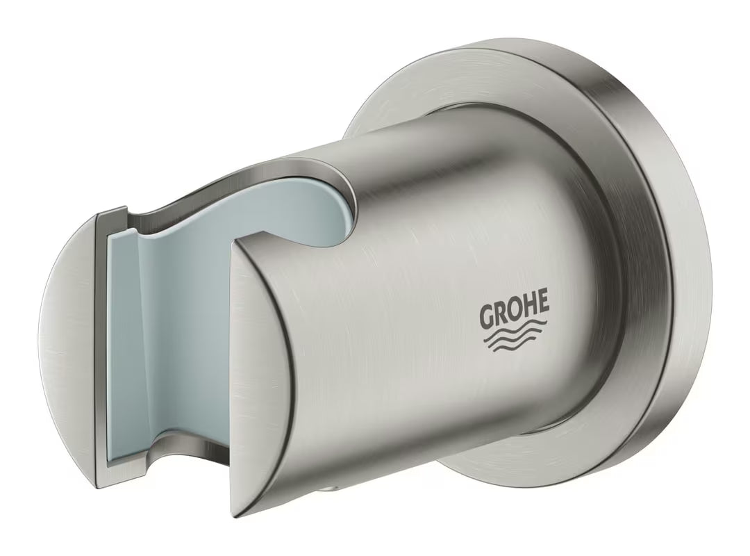 Zidni nosač ručnog tuša Grohe Rainshower s okruglom rozetom u mat obradi nehrđajućeg čelika supersteel.