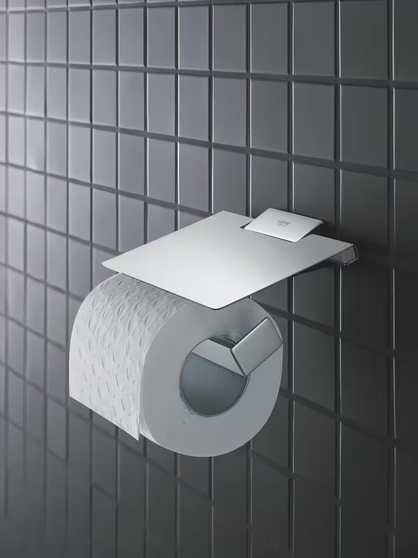 Kromirani držač toaletnog papira Grohe Selection Cube s poklopcem sa skrivenim zidnim pričvršćenjem.