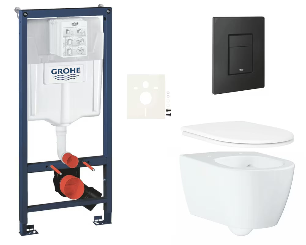 Viseći WC set Grohe Essence s instalacijskim modulom Rapid SL, Rimless školjkom i crnom tipkom Even
