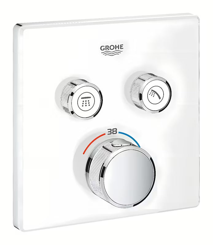 Podžbukna termostatska miješalica za tuš Grohe Grohtherm smartcontrol u izvedbi Moon White s upravljanjem smartcontrol.