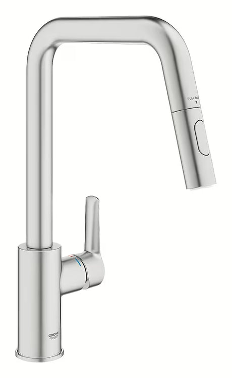 Miješalica za Sudoper Grohe Start 2021 u izvedbi supersteel s visokim zakretnim izljevom i izvlačnim tušem.