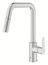 Miješalica za Sudoper Grohe Start 2021 u izvedbi supersteel s visokim zakretnim izljevom i izvlačnim tušem.