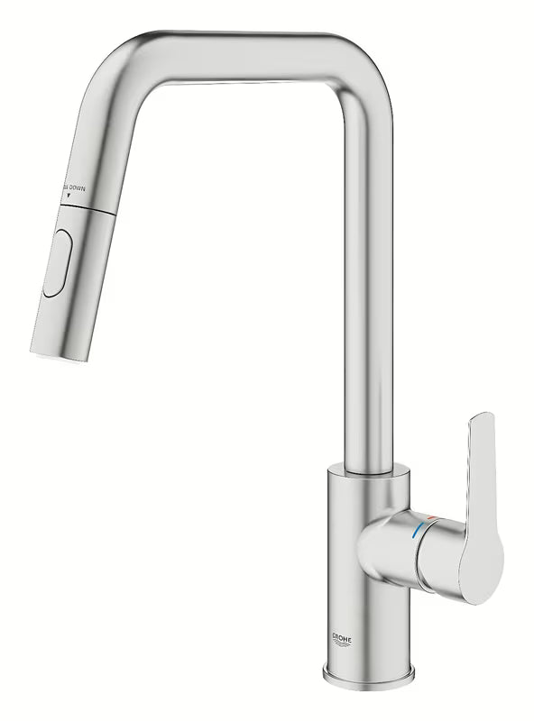 Miješalica za Sudoper Grohe Start 2021 u izvedbi supersteel s visokim zakretnim izljevom i izvlačnim tušem.