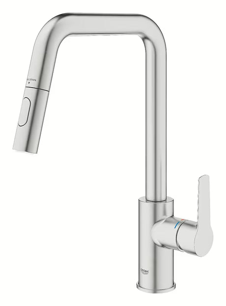 Miješalica za Sudoper Grohe Start 2021 u izvedbi supersteel s visokim zakretnim izljevom i izvlačnim tušem.