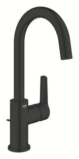 Mat crna miješalica za umivaonik Grohe Start s visokim zakretnim izljevom i podiznim odvodom.