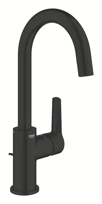 Mat crna miješalica za umivaonik Grohe Start s visokim zakretnim izljevom i podiznim odvodom.