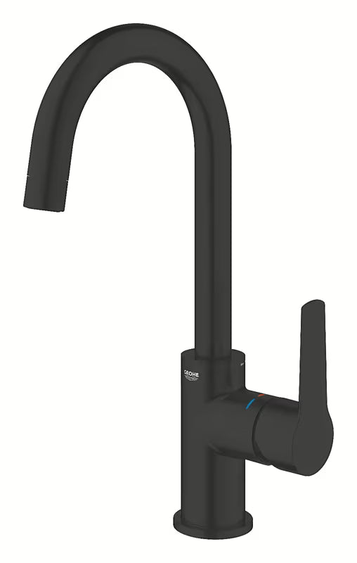 Mat crna miješalica za umivaonik Grohe Start s visokim zakretnim izljevom i podiznim odvodom.