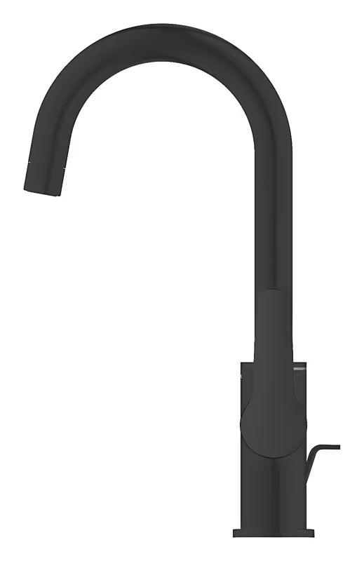 Mat crna miješalica za umivaonik Grohe Start s visokim zakretnim izljevom i podiznim odvodom.