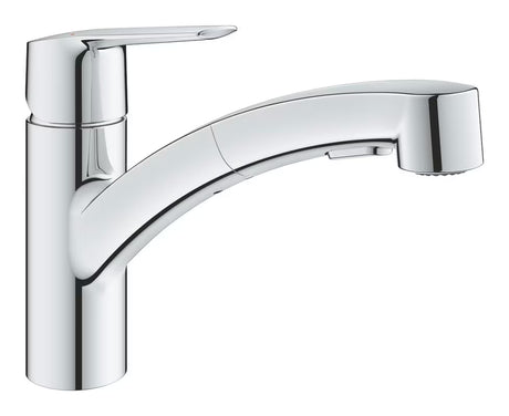 Kromirana miješalica za sudoper Grohe Start s niskim zakretnim izljevom i izvlačnim dvostrukim tušem