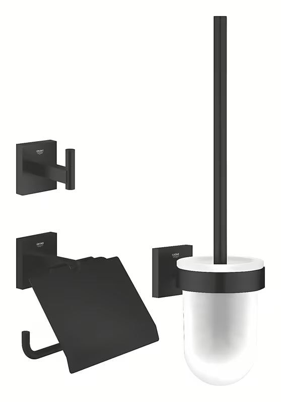 Grohe Start Cube set kupaonskih dodataka u mat crnoj boji s držačem papira, kukicom i WC školjke četkom.