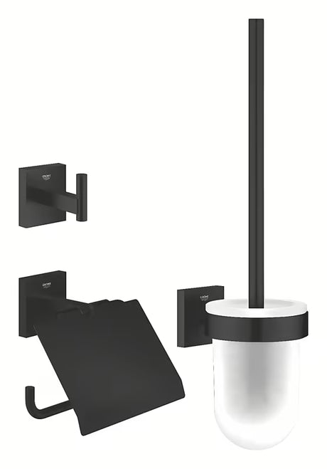 Grohe Start Cube set kupaonskih dodataka u mat crnoj boji s držačem papira, kukicom i WC školjke četkom.