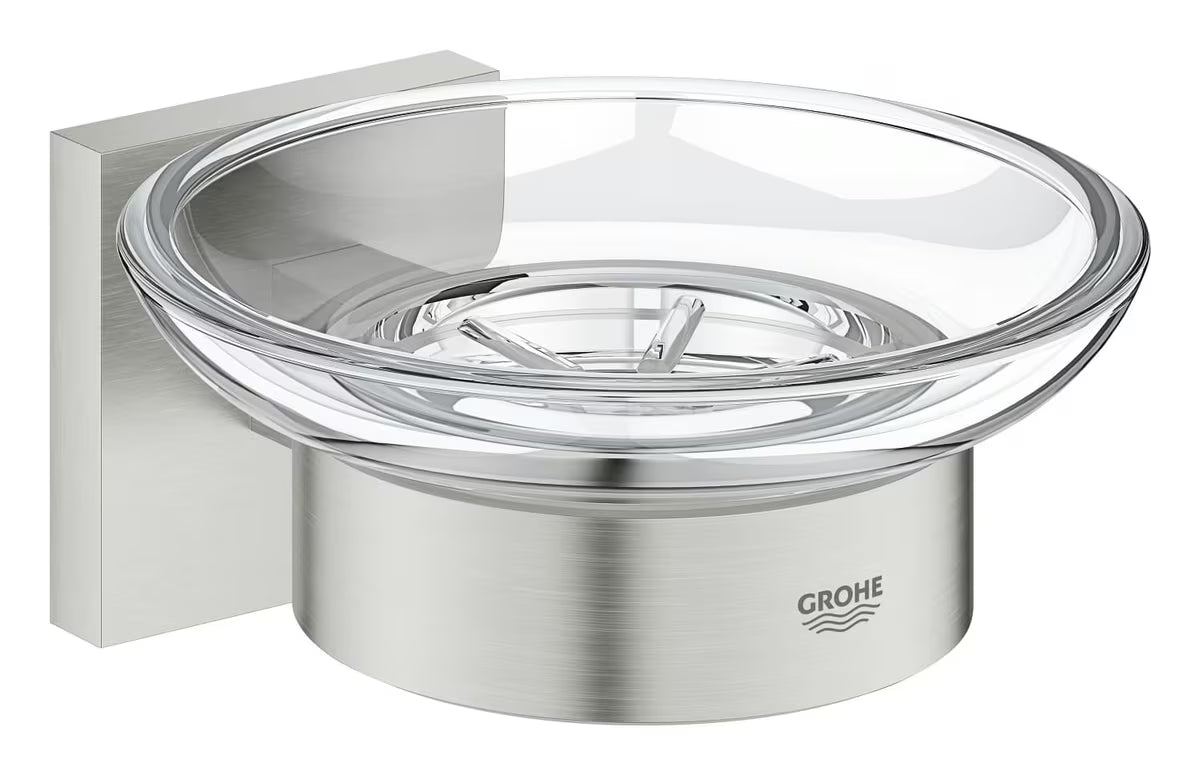 Posuda Za Sapun Grohe Start Cube Accessories u izvedbi supersteel sa staklenom posudicom i skrivenim pričvršćenjem.