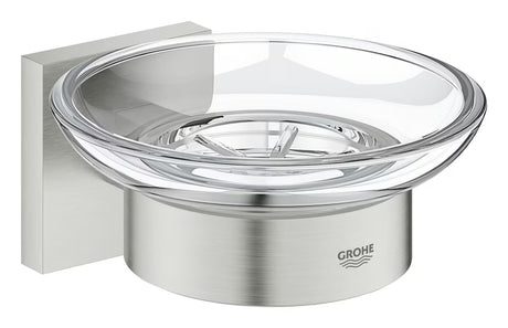 Posuda Za Sapun Grohe Start Cube Accessories u izvedbi supersteel sa staklenom posudicom i skrivenim pričvršćenjem.