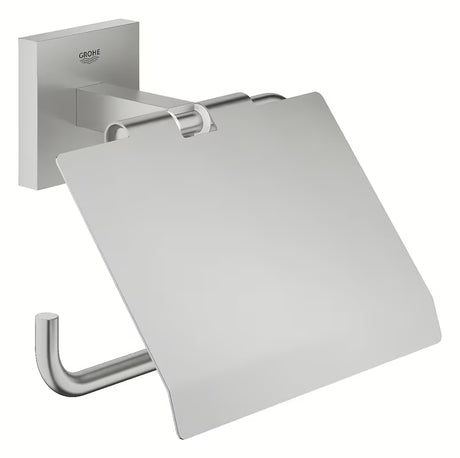 Držač toaletnog papira Grohe Start Cube Accessories u izvedbi supersteel s poklopcem sa skrivenim pričvršćenjem.