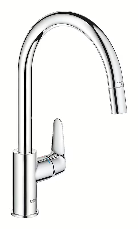 Kromirana miješalica za sudoper Grohe Start Curve s visokim zakretnim izljevom i izvlačnim tušem