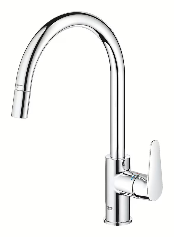 Kromirana miješalica za sudoper Grohe Start Curve s visokim zakretnim izljevom i izvlačnim tušem