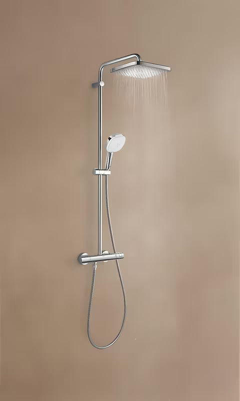 Tuš sustav Grohe Tempesta Cube System s termostatskom miješalicom u krom izvedbi, s nadglavnim i ručnim tušem