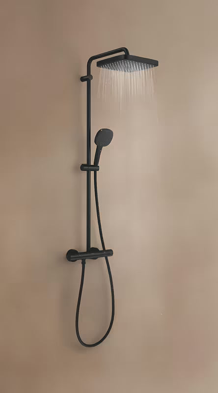 Mat crni tuš sustav Grohe Tempesta System Cube s termostatskom miješalicom, s nadglavnim i ručnim tušem