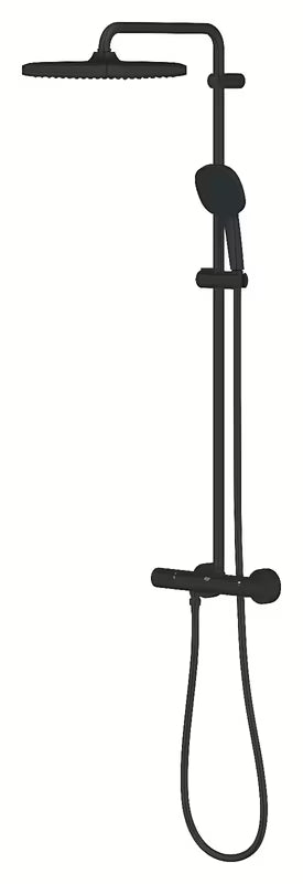 Mat crni tuš sustav Grohe Vitalio Comfort 250 s termostatskom miješalicom, s nadglavnim i ručnim tušem
