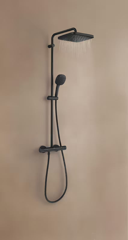 Mat crni tuš sustav Grohe Vitalio Comfort 250 s termostatskom miješalicom, s nadglavnim i ručnim tušem