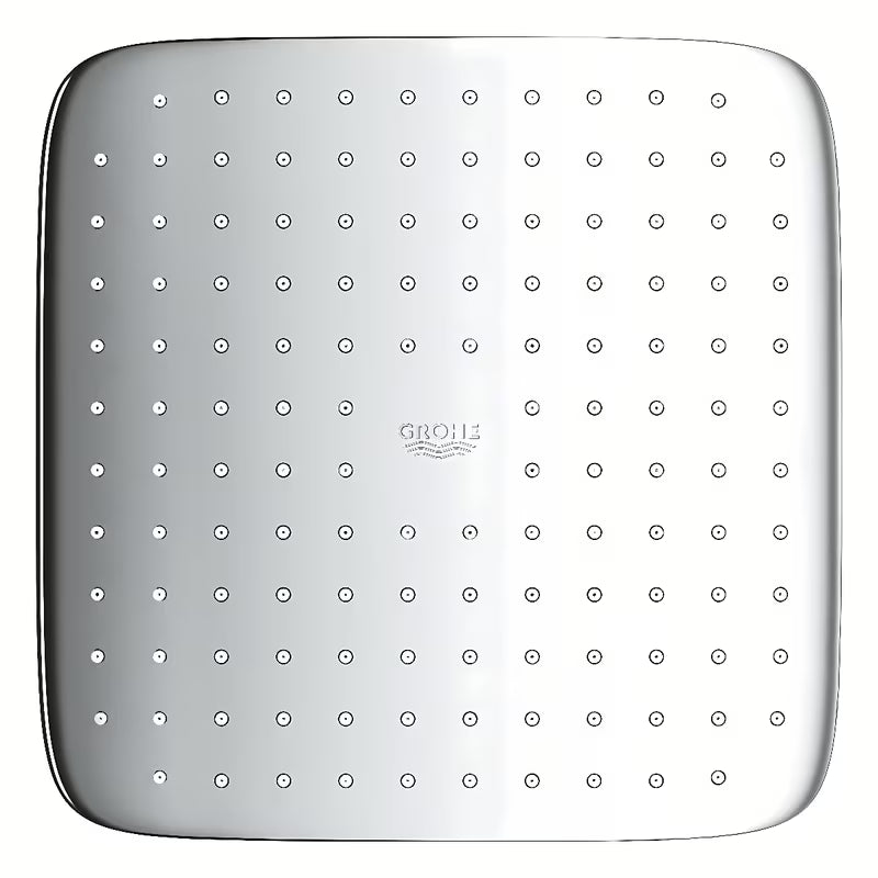 Kvadratna nadglavni tuš Grohe Vitalio Comfort 250 Cube u krom izvedbi s mlazom Rain i bijelim stražnjim pokrovom.