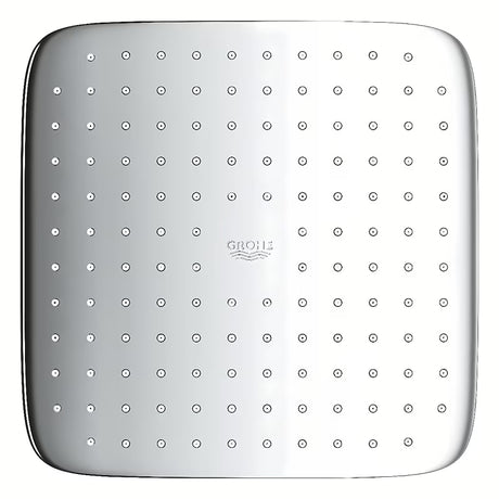 Kvadratna nadglavni tuš Grohe Vitalio Comfort 250 Cube u krom izvedbi s mlazom Rain i bijelim stražnjim pokrovom.