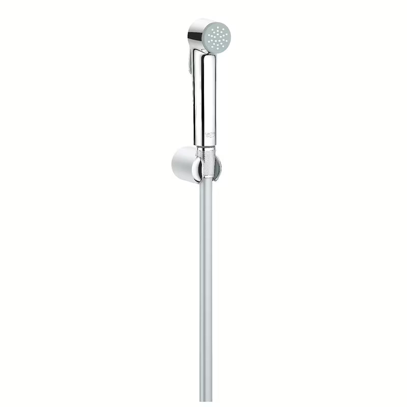 Kromirana bide tuš Grohe Vitalio Trigger Spray s tipkom za aktivaciju i zidnim držačem.