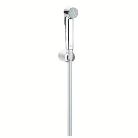 Kromirana bide tuš Grohe Vitalio Trigger Spray s tipkom za aktivaciju i zidnim držačem.