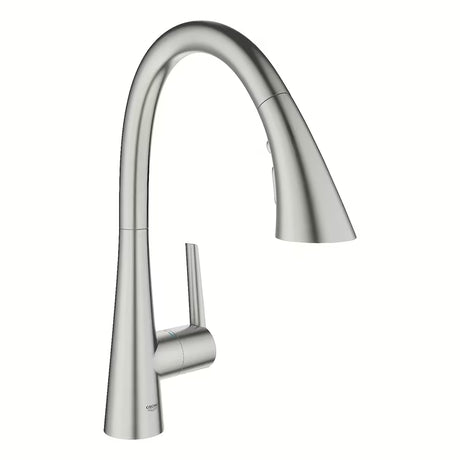 Miješalica za Sudoper Grohe Zedra u izvedbi supersteel s visokim C-izljevom i izvlačnim tušem s tri vrste mlaza.